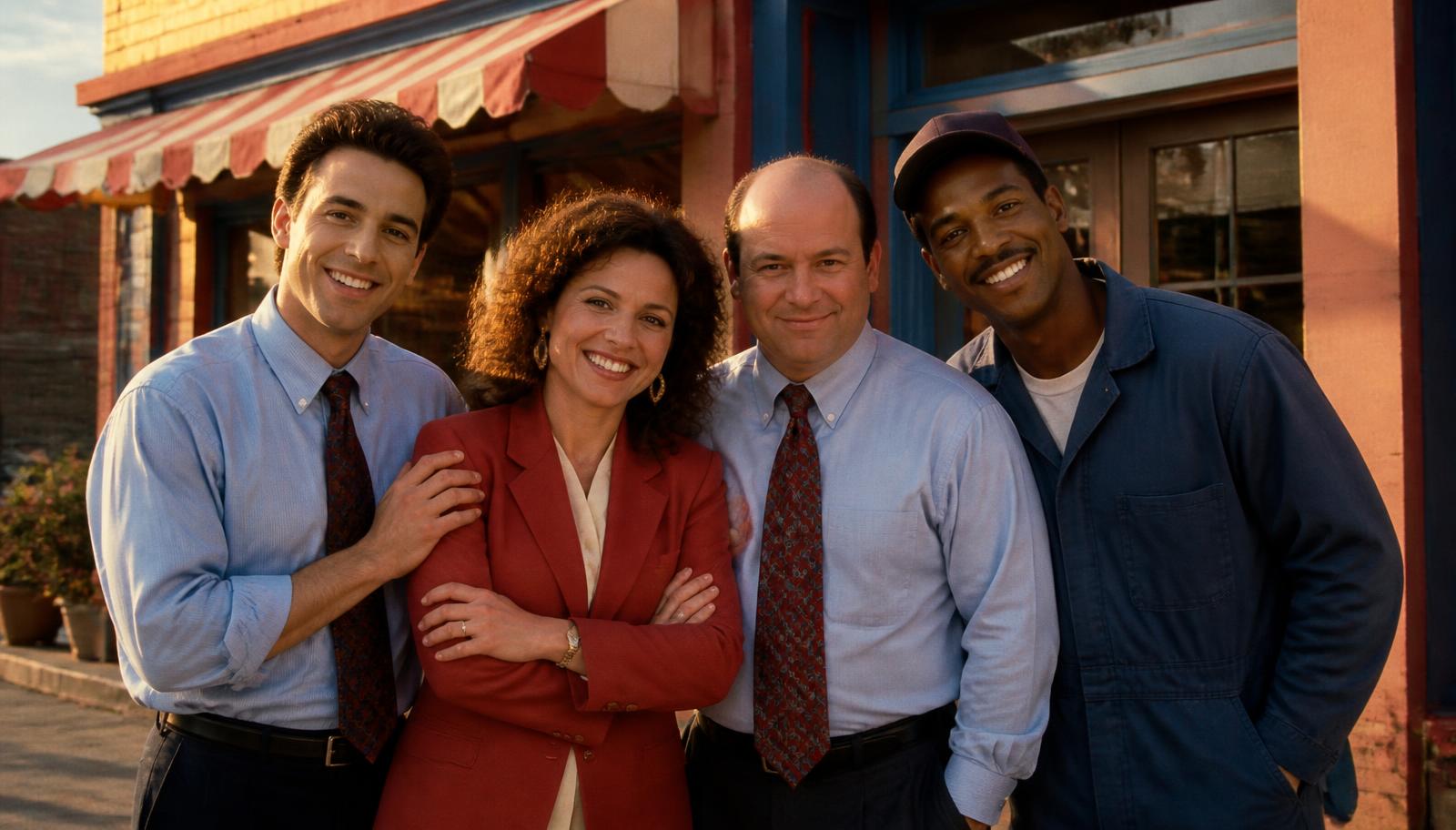 The full cast of a company sitcom posed outside their storefront